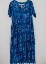 Hibiscus Collection Tina&#39;s Creation Short Slv Dress Sz M Oc EAN Blue Batik Floral - £27.53 GBP