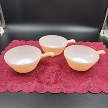 Vintage Fire King Oven Ware Peach Lustre Soup Bowls With Handle 3 Baking Dishes - £22.55 GBP