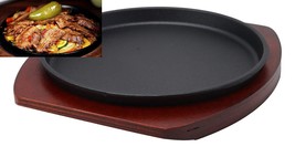 Personal Size Cast Iron Sizzling Fajita Pan Skillet With Wood Base Round 8.75&quot;D - £23.17 GBP
