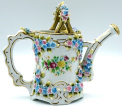 Antique German Elfinware Porcelain Watering Can Vase with Tiny Raised Flowers - £29.86 GBP