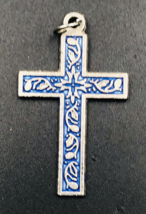 Christian Cross Silver Tone w/ Blue Enamel Pendant 1 3/8&quot; x 7/8&quot; - £7.50 GBP