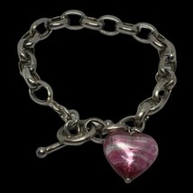 Sterling Siver Toggele Rolo Links With Pink Glass Art Heart Charm  7.5” - £75.84 GBP