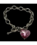 Sterling Siver Toggele Rolo Links With Pink Glass Art Heart Charm  7.5” - £74.53 GBP
