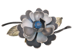 Coro Flower Brooch Dusty Silver Gray with Blue Set Original Price Tag &amp; Signed - £9.92 GBP