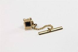 ✅ Vintage Men Neck Tie Pin w/Chain Clasp Bar Clip Square Onyx Gold Tone Plate - £5.72 GBP