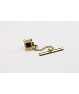 ✅ Vintage Men Neck Tie Pin w/Chain Clasp Bar Clip Square Onyx Gold Tone ... - £5.81 GBP