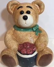 Rare GKRO Ceramic Collectible Cookie Jar Brown Teddy Bear Red Apples Basket 12"H - £31.84 GBP