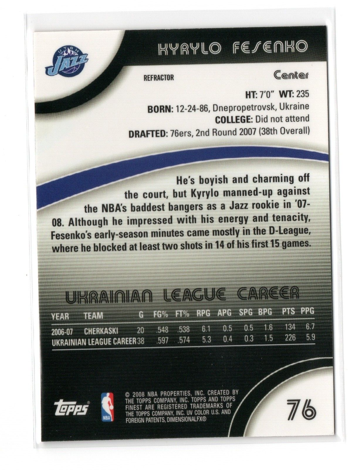 2007-08 Topps Finest Refractors Kyrylo Fesenko #76 Utah Jazz NBA Basketball NM Item image 2
