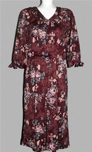 VTG Dark Wine Roses Floral 3/4 Sleeves Elastic Waist V-Neck Blouson Dres... - $26.99