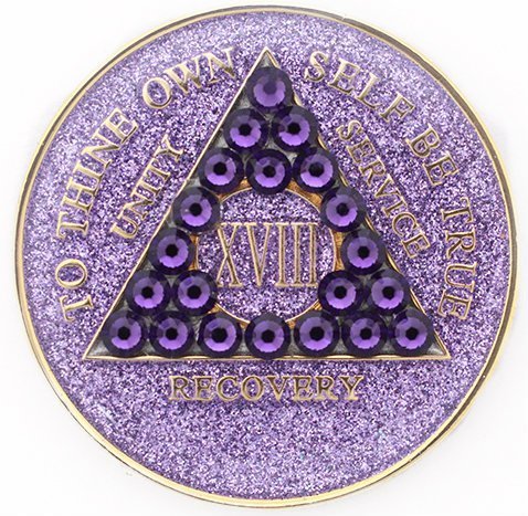 1 Year Purple Glitter with Lavender Swarovski Crystals Tri-Plate Alcoholics Anon