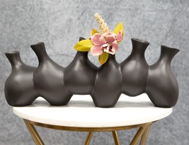 Large Semi Gloss Modern Abstract Black Ceramic Floral Vase 6 Hole Cluste... - £43.00 GBP