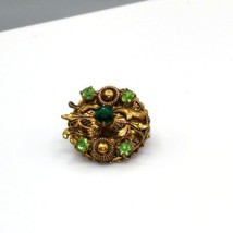 Vintage Ornate Brass Brooch with Emerald and Mint Green Crystals, Elegant Victor - £24.74 GBP