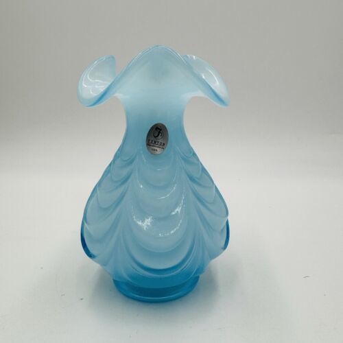 Fenton Art Glass Blue Drapery Small Vase MCM 6” Vintage USA Rare - $58.50