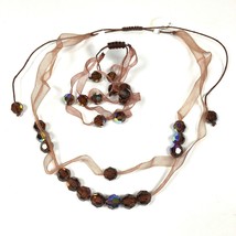 Iridescent AB Brown Beads and Ribbon Necklace and Bracelet Set Adjustable  - £12.59 GBP