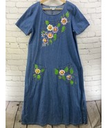 Rama Vintage Denim Dress Womens Sz M  Floral Hand Painted Embellishments - $39.59