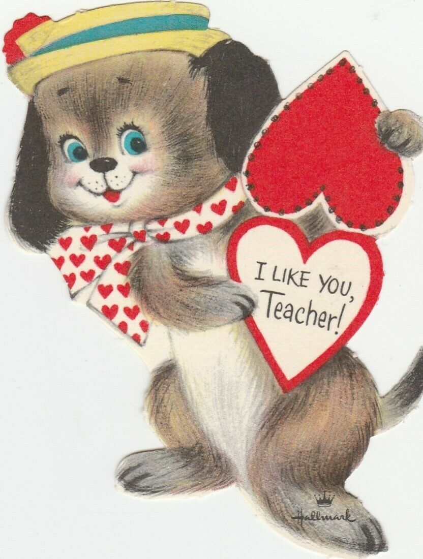 Primary image for Vintage Valentine Card Little Dog in Hat Heart for Teacher 1960s Unused Hallmark