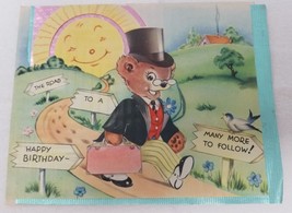 Birthday Card 1930s Teddy Bear Mixed Media The Road to a Happy Birthday Signed - £15.14 GBP