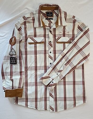 Primary image for Marc Ecko Sz L Cut Sew Plaid Corduroy Flip Cuff Embroidered Patch Work Button Up