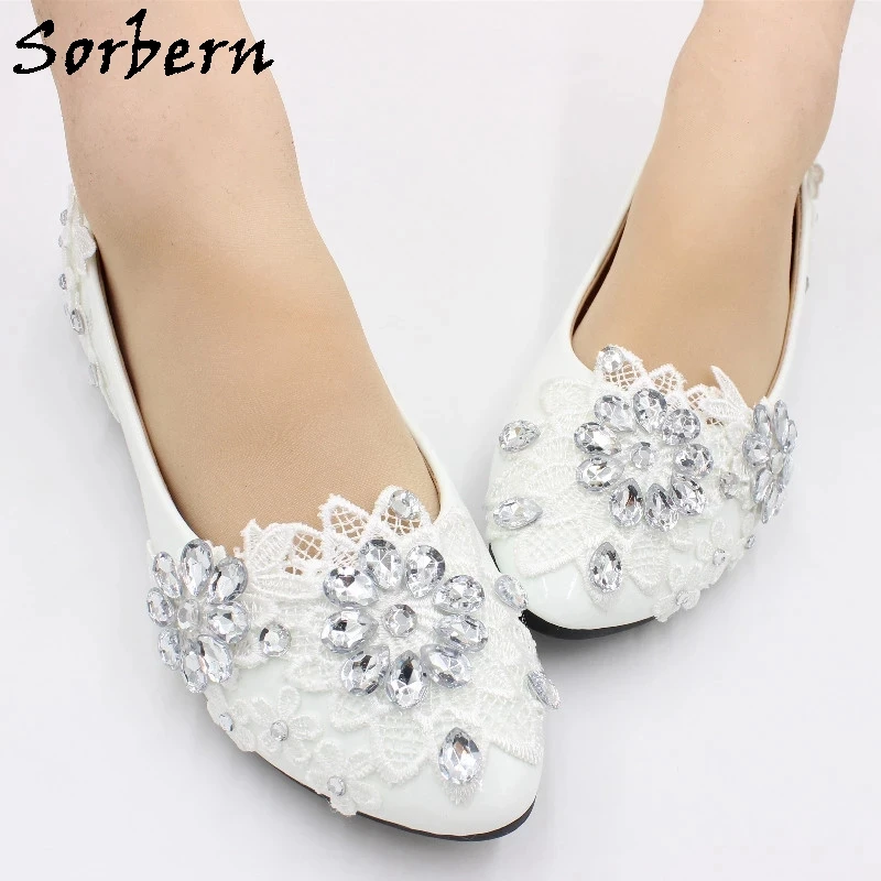 Sorbern Crystal Flower  Wedding Shoes Flat Heels Pointy Rhinestones Slip On Preg - £150.40 GBP