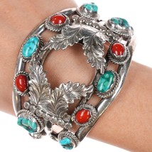 7 1/8&quot; c1970&#39;s MK Native American sterling turquoise, and coral watch cuff - £358.99 GBP