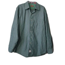IZOD Button Up Collared Dress Shirt ~ Sz M ~ Green &amp; Blue Stripes ~ Long... - $13.49