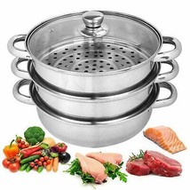 22cm 3 Tier Stainless Steel Vegetable Meat Food Steamer Cooker Cooking Pot - £22.76 GBP