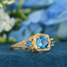 Natural London Blue Topaz Vintage Style Filigree Three Stone Ring in 14K Gold - £562.55 GBP