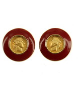 VINTAGE MONET ENAMEL HIGH CARAT GOLD LOOK MEDALLION GREEK ROMAN COIN EARRINGS - £53.15 GBP