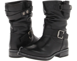 ERIC MICHAEL Sz 39 Laguna Mid Calf Black Leather Boots Moto Pull On - $128.06