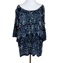 Bila Top Womens Large Navy Blue Paisley Cold Shoulder 3/4 Flare Sleeve Gauze - £15.97 GBP