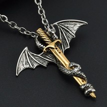 Mens Dragon Around Sword Cross Pendant Necklace Punk Jewelry Stainless Steel 22&quot; - £11.07 GBP+