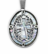 Oval Ancient Roman Glass Jesus Cross Pendant 14k White Gold Plated Necklace 18&quot; - £133.95 GBP