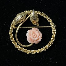 Vintage Carved Coral Rose Brooch Pink &amp; 1/20 12K Gold Filled Pin - £27.48 GBP