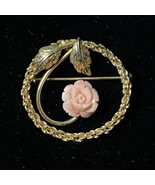 Vintage Carved Coral Rose Brooch Pink &amp; 1/20 12K Gold Filled Pin - £27.61 GBP
