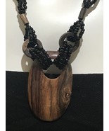 Beautful Black Seeds And Wood Open Work Pendant Necklace 18” - £31.32 GBP