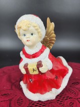 Christmas Lantern Angel with Harmonica Porcelain 6 x 4&quot; Candle Holder Red/White - £7.47 GBP