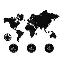 World Map Large Wall Clock New York London Tokyo Personalized Time Zone Silent N - £45.65 GBP