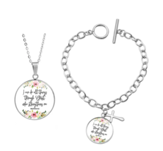 I Can Do All Things Through Christ Necklace &amp; Bracelet Set Floral Disc P... - £15.92 GBP