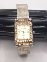 Milan Watch Ladie&#39;s Retro Gold Tone Tank Japan Quartz Stretch Crystals Vtg Works - £10.91 GBP