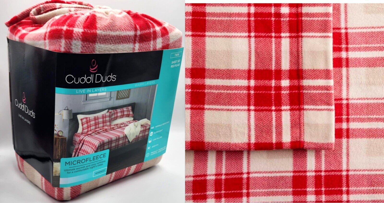 Primary image for $60 Cuddl Duds Red Plaid Cream Microfleece Fleece Sheet Set Twin Deep Fit 16"