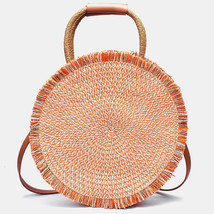 New color leather handle shoulder bag retro casual portable round straw bag hand - £37.90 GBP