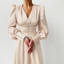 Satin Prom Women&#39;s Long Dress Solid Lantern Sleeve A-Line High Waist Slim Elegan - £71.77 GBP