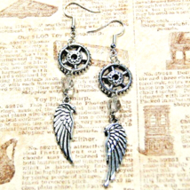 Earrings Jewelry / Silver Gear + Vintage Bead + Angel Wing / Upcycled Fashion   - £11.98 GBP