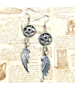 Earrings Jewelry / Silver Gear + Vintage Bead + Angel Wing / Upcycled Fa... - £11.77 GBP