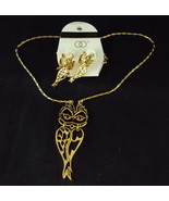 Fashion Leader Gold Necklace &amp; Matching Earrings Set, Owls w/Split Bodies - £7.79 GBP