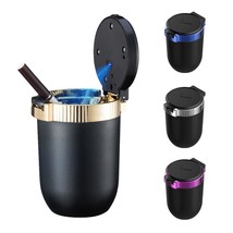 Car Ashtray with lid Portable Ash Tray Gold Mini Car Trash Can with LED Blue Li - $17.81