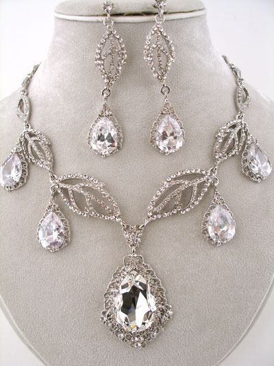 Silver Swarovski Crystal & CZ Bridal Necklace Set - $189.00