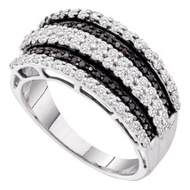 10kt White Gold Womens Round Black Color Enhanced Diamond Stripe Fashion Ring - £638.68 GBP
