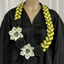 Graduation Money Lei Flower Yellow Gold &amp; Black Roses Four Braided Ribbons - £48.87 GBP