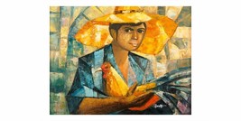 South American Cubism Oil Painting, Signed Ruma, Peasant with Chicken, 46 x 60cm - £144.19 GBP